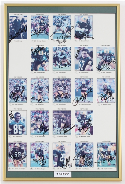 1987 Forrest Gregg, George Greene, Rich Moran & more GB Packers Signed 15x22 Framed Uncut Card Sheet (JSA / Pepper Burruss Collection)