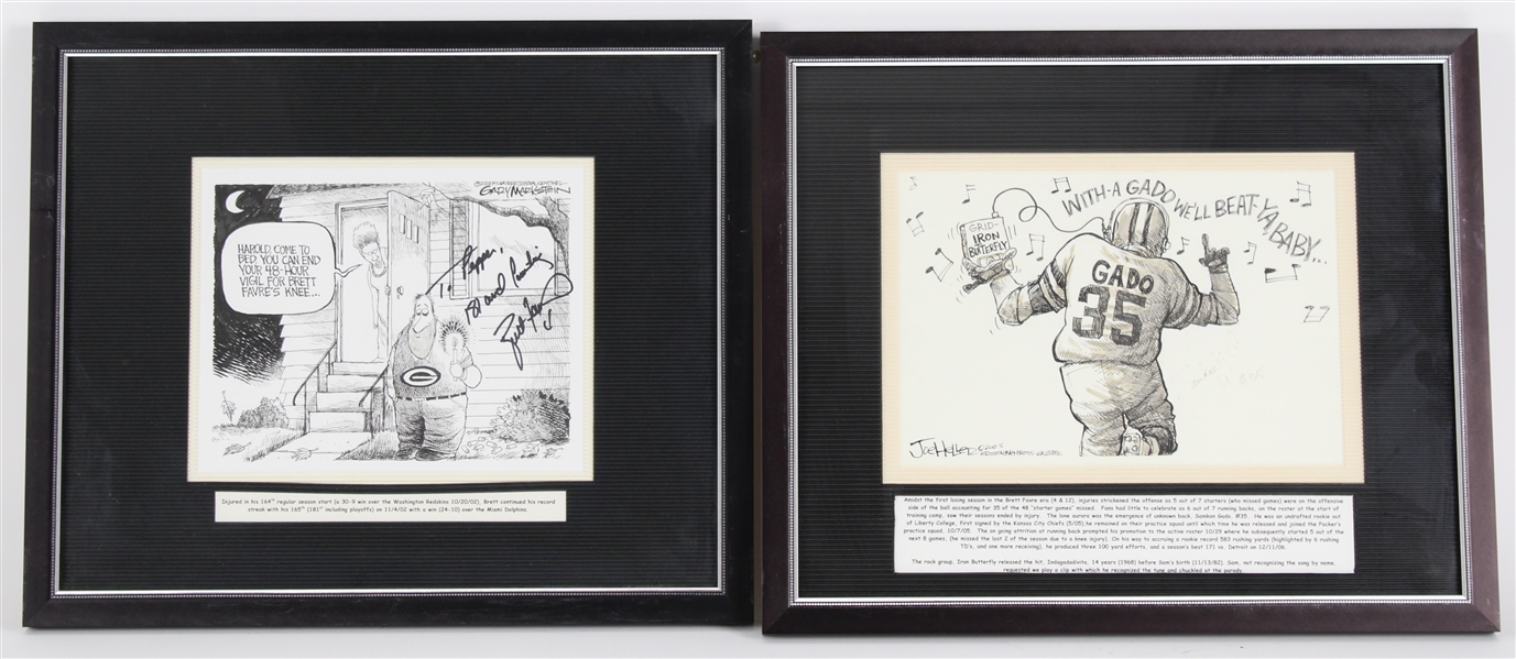 2002-06 Brett Favre & Samkon Gado Signed 16x18 Framed Comic Artwork (Lot of 5)(JSA / Pepper Burruss Collection)
