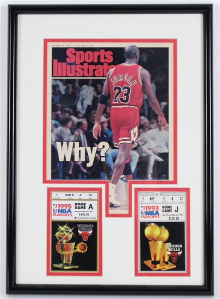 1993-95 Michael Jordan Chicago Bulls 13x18 Framed Sports Illustrated w/ Play Off Game Tickets 