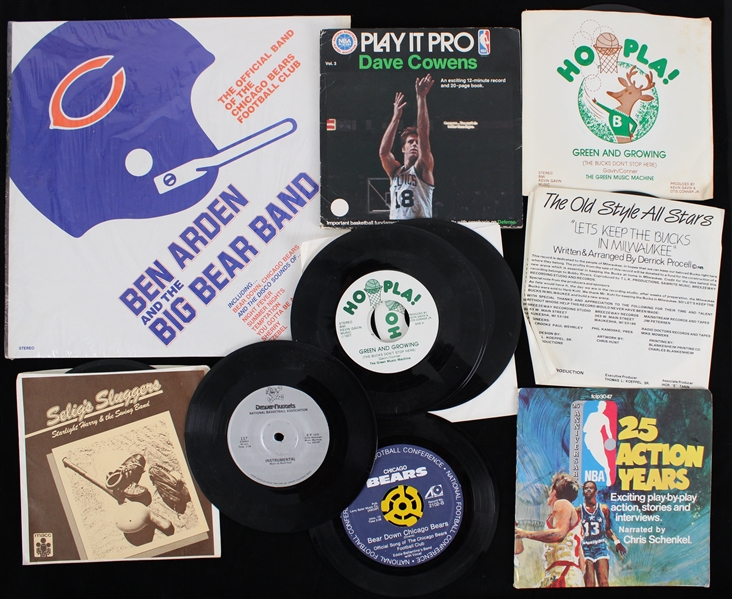 1970s-80s Baseball Football Basketball Novelty Records - Lot of 10 w/ Seligs Sluggers, Green & Growing, Bear Down Chicago Bears & More