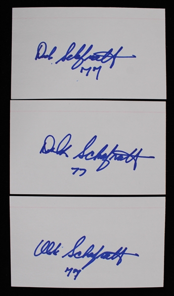 1960-71 Dick Schafrath (d.2021) Cleveland Browns Signed Index Cards (JSA) (Lot of 3)