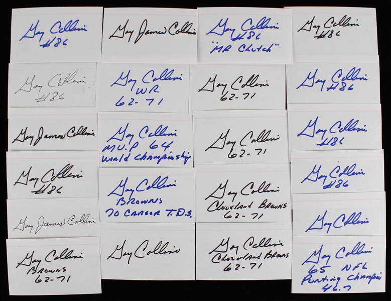 1962-71 Gary Collins Cleveland Browns Signed Index Cards (JSA) (Lot of 22)