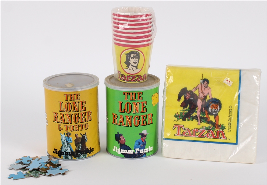1974-77 Lone Ranger & Tarzan Memorabilia Collection - Lot of 4 w/ Jigsaw Puzzles, Party Cups & Napkins