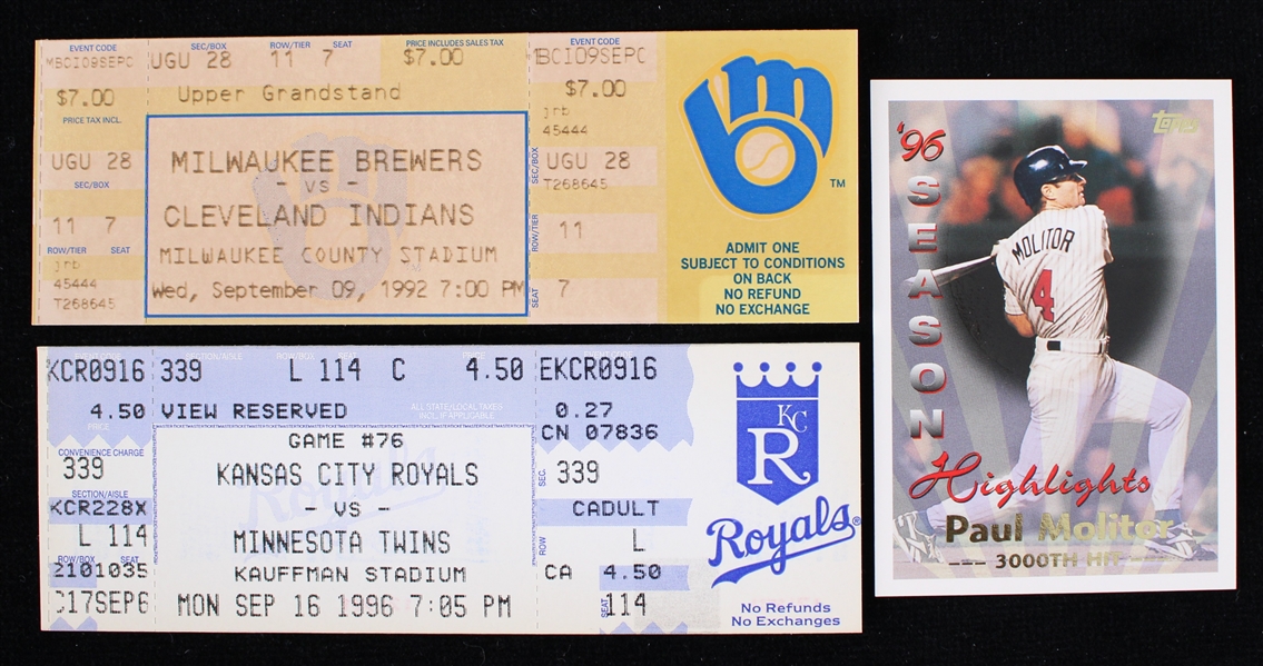 1992-96 Robin Yount Paul Molitor Brewers / Twins 3,000th Career Hit Full Tickets - Lot of 2 (MEARS LOA)