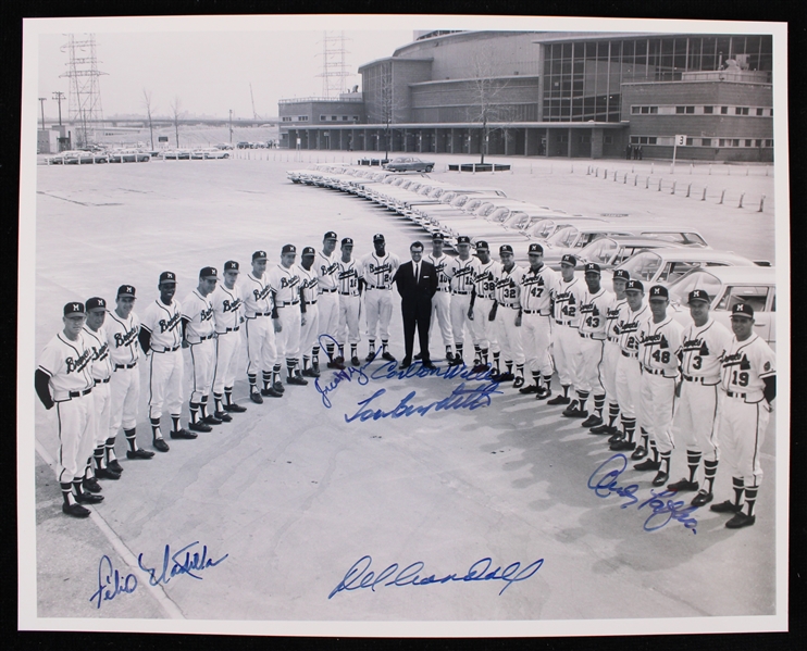 1957 Milwaukee Braves Multi Signed 8" x 10" Photo w/ 6 Signatures Including Lou Burdette, Del Crandall, Andy Pafko & More (JSA)