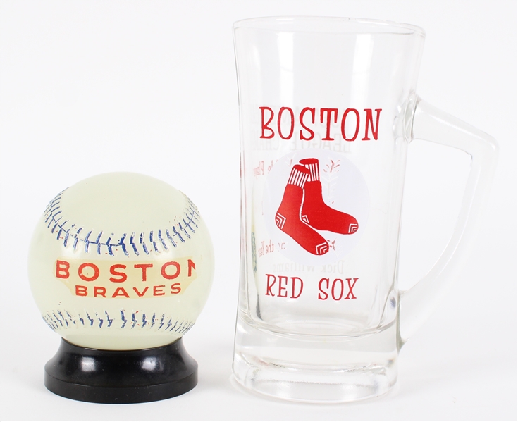 1940s-50s Boston Braves Baseball Shaped Glass Coin Bank + 1967 Boston Red Sox American League Champs Glass Mug