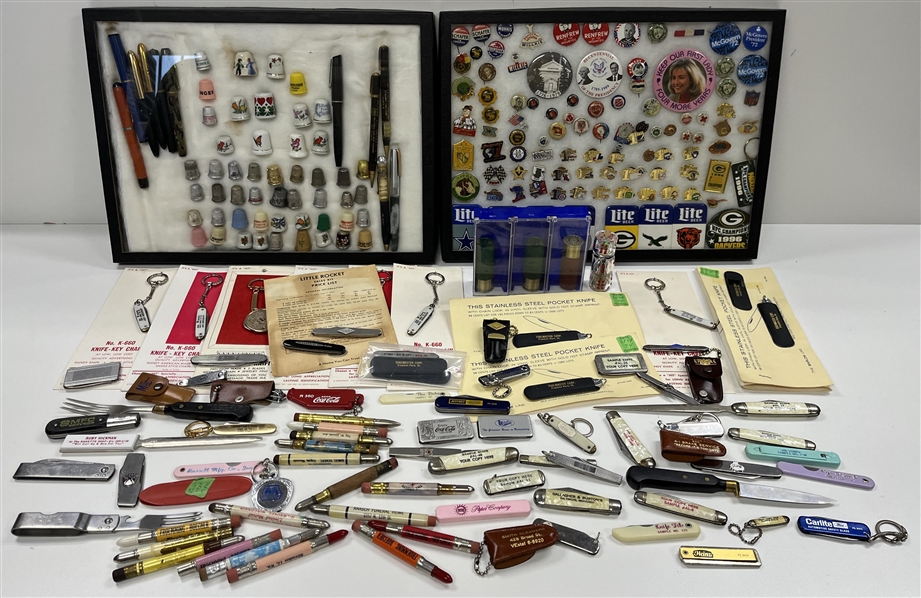 1970s Salesman Sample Pens, Pencils, Pinbacks, Thimbles (Lot of 100+)