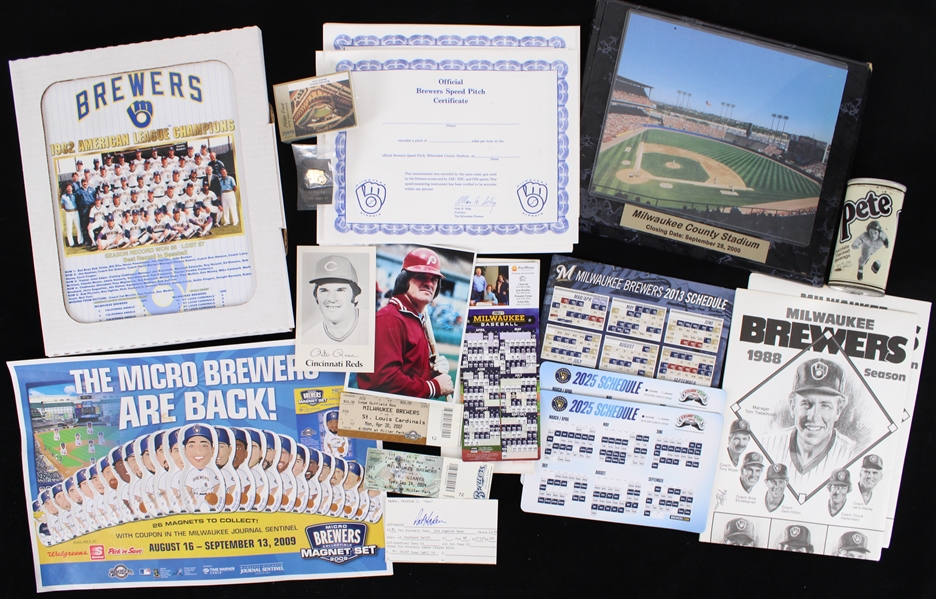 1970s-2000s Milwaukee Brewers & Pete Rose Memorabilia Collection - Lot of 44 w/ Photos, Trading Cards, SportRait Posters, & More