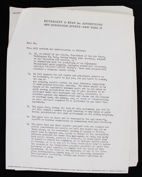 1955 John Antonelli (d.1990) St. Louis Cardinals Signed "Greatest Sports Thrill" Radio Program Contract (JSA)
