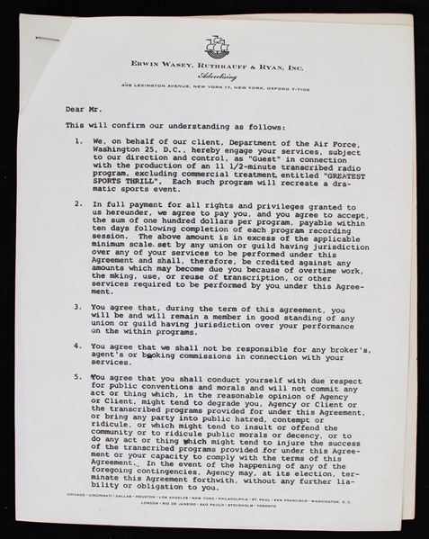 1955 Signed "Greatest Sports Thrill" Radio Program Contract (JSA)