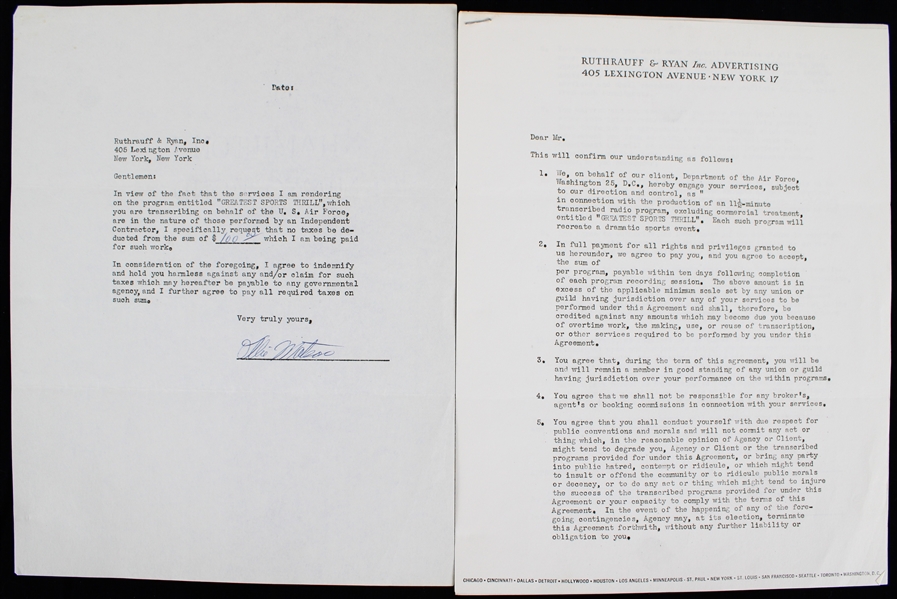 1955 Ollie Matson Chicago Cardinals Signed "Greatest Sports Thrill" Radio Program Contract (JSA)
