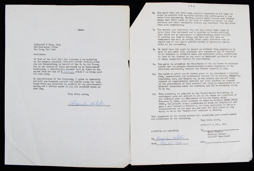 1956 Alexander Webster New York Giants Signed "Greatest Sports Thrill" Radio Program Contract (JSA)