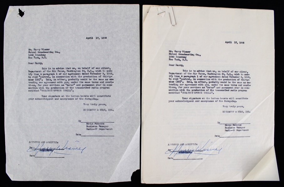 1957 Harry Wismer Sports Broadcaster Signed "Greatest Sports Thrill" Radio Program Contract (JSA)