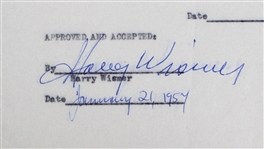 1957 Harry Wismer Sports Broadcaster Signed Greatest Sports Thrill Radio Program Contract (JSA)