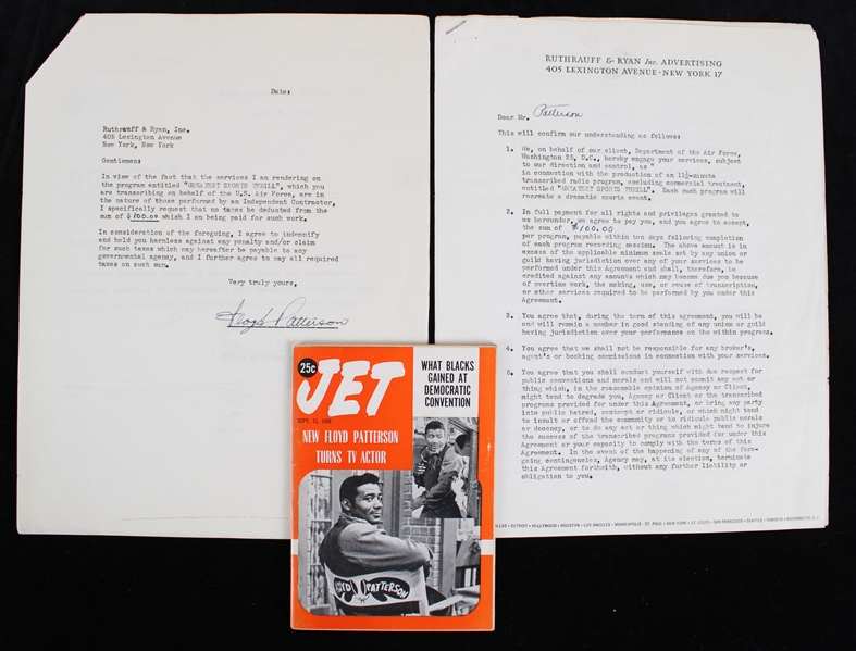 1955-68 Floyd Patterson Professional Boxer Secretarial Signed "Greatest Sports Thrill" Radio Program Contract and Jet Magazine