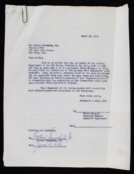 1956 Arthur Susskind Boxer Signed "Greatest Sports Thrill" Radio Program Contract (JSA)