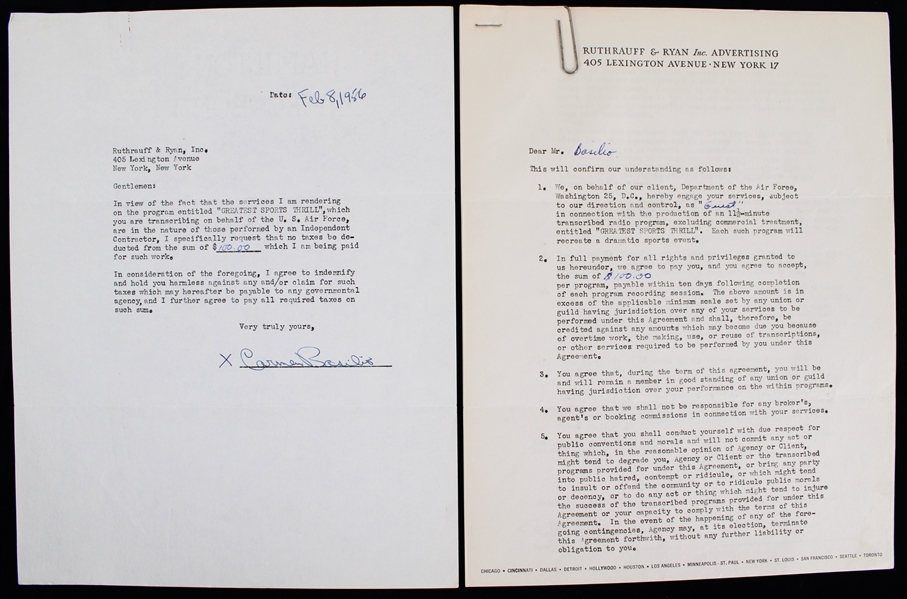 1956 Carmen Basilio (d.2012) Boxer Signed "Greatest Sports Thrill" Radio Program Contract (JSA)