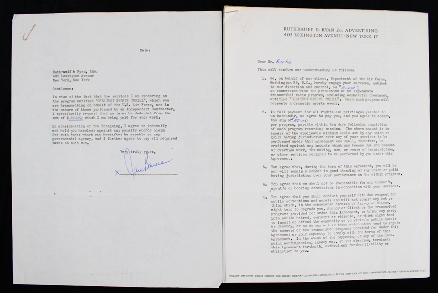 1955 Jack Burke (d.2024) Professional Golfer Signed "Greatest Sports Thrill" Radio Program Contract (JSA)