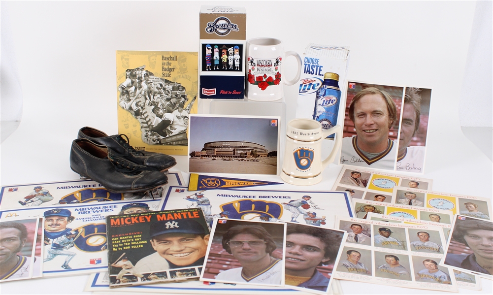 1950s-2000s Milwaukee Brewers Baseball Memorabilia Collection - Lot of 39 w/ Photos, Card Sheets, Placemats, Mugs & More