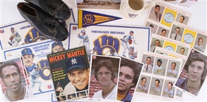 1950's-2000's Milwaukee Brewers Baseball Memorabilia Collection - Lot of 39 w/ Photos, Card Sheets, Placemats, Mugs & More