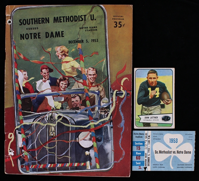 1953 Notre Dame Fighting Irish vs Southern Methodist Game Program & Ticket Sub + 1954 Bowman #128 Johnny Lattner Rookie Football Trading Card
