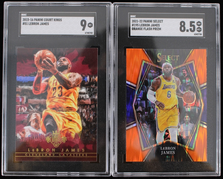 2015-16 LeBron James Panini Court Kings #51 (SGC Slabbed 9 MT) + 2021-22 LeBron James Panini Select #195 Orange Flash Prizm (SGC Slabbed 8.5 NM MT+)