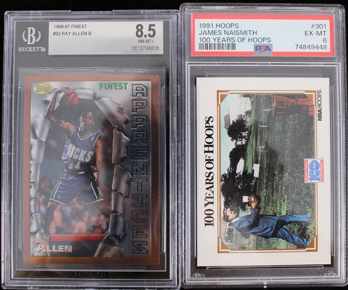 1991 James Naismith 100 Years of Hoops (PSA Slabbed EX-MT 6) + 1996-97 Ray Allen Finest #22 (Beckett Slabbed 8.5 NM-MT+)