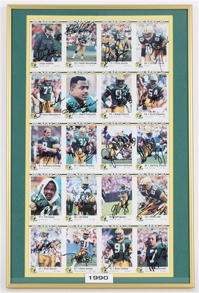 1990 Lindy Infante, Sterling Sharpe, Keith Woodside GB Packers & more Signed 15x22 Framed Card Sheet (JSA) 