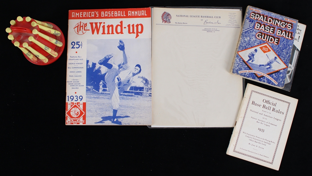 1930s-70s Baseball Memorabilia Collection - Lot of 5 w/ Publications, Boston Braves Letterhead and H&B Louisville Slugger Mini Bat Rack Piggy Bank