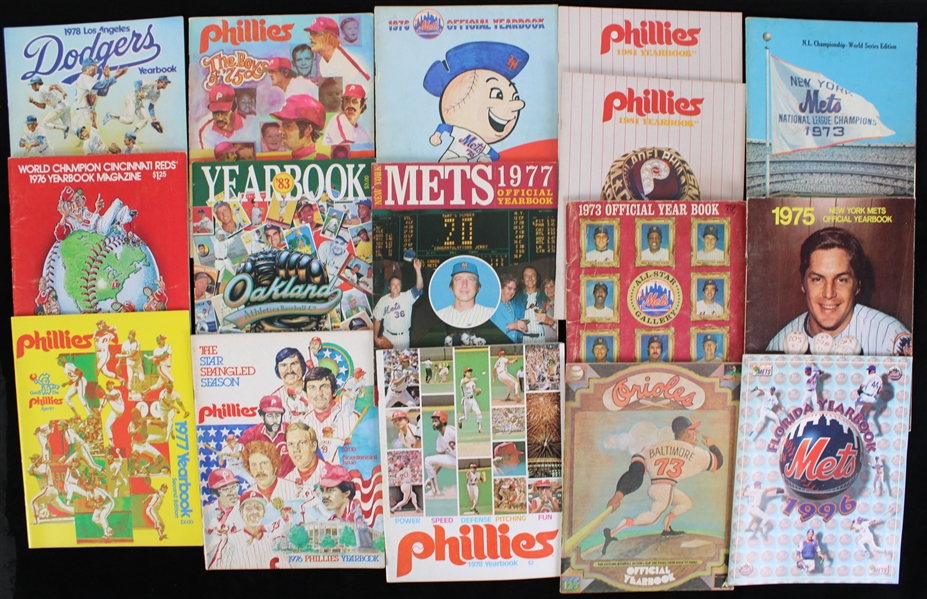 1973-96 Baseball Yearbook Collection - Lot of 28 w/ Mets, Orioles, Phillies, Reds, Red Sox, Dodgers, Braves, & Athletics