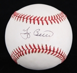 1985-89 Yogi Berra New York Yankees Signed OAL Brown Baseball (JSA)