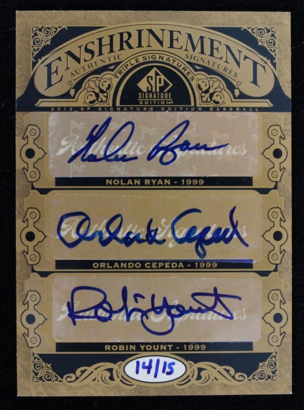 2012 Nolan Ryan,  Orlando Cepeda,  Robin Yount Signed Upper Deck Trading Card E3-99 14/15