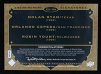 2012 Nolan Ryan,  Orlando Cepeda,  Robin Yount Signed Upper Deck Trading Card E3-'99 14/15