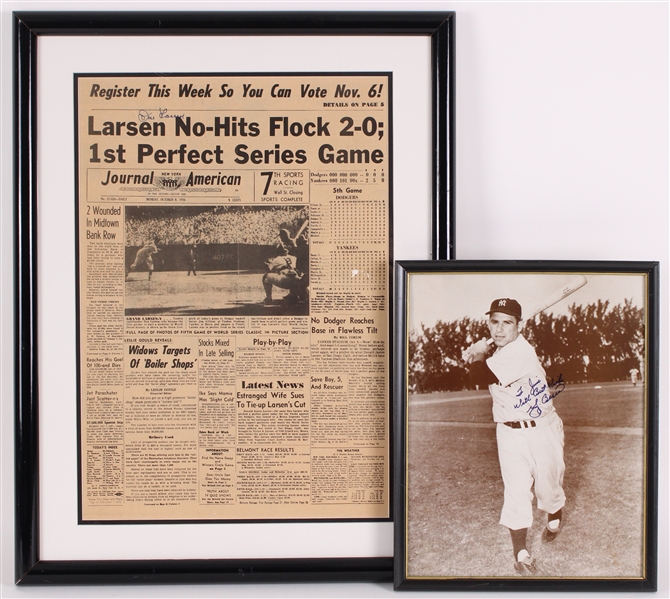 1956 Don Larsen & Yogi Berra Signed 20x26 Framed Newspaper & Framed Photo (Lot of 2)(JSA) 