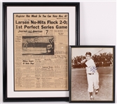 1956 Don Larsen & Yogi Berra Signed 20x26 Framed Newspaper & Framed Photo (Lot of 2)(JSA) 