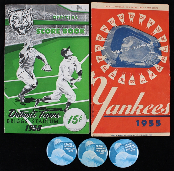 1955-70 Baseball Memorabilia Collection - Lot of 5 w/ New York Yankees Program, Detroit Tigers Program & Frank Howard Fan Club Buttons