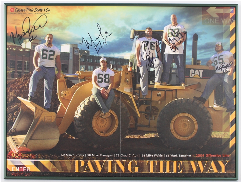 2004 Rivera, Flanagan, Clifton, Wahle, Tauscher Packers Offensive Line Signed 18x24 Framed Print (JSA) 