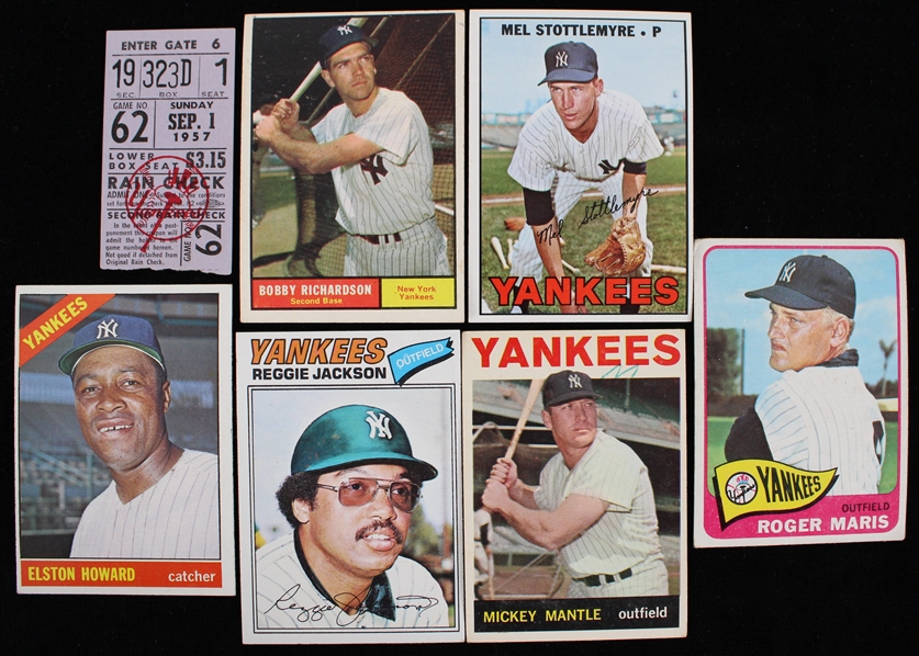 1957-77 New York Yankees Ticket Stub & Topps Baseball Trading Cards - Lot of 7 w/ Mickey Mantle, Roger Maris, Reggie Jackson & More 
