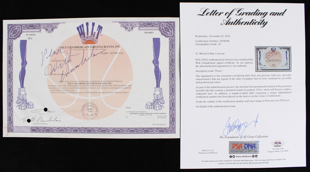 1992 Wilt Chamberlains Restaurant Signed Stock Certificate (PSA/DNA Full Letter)