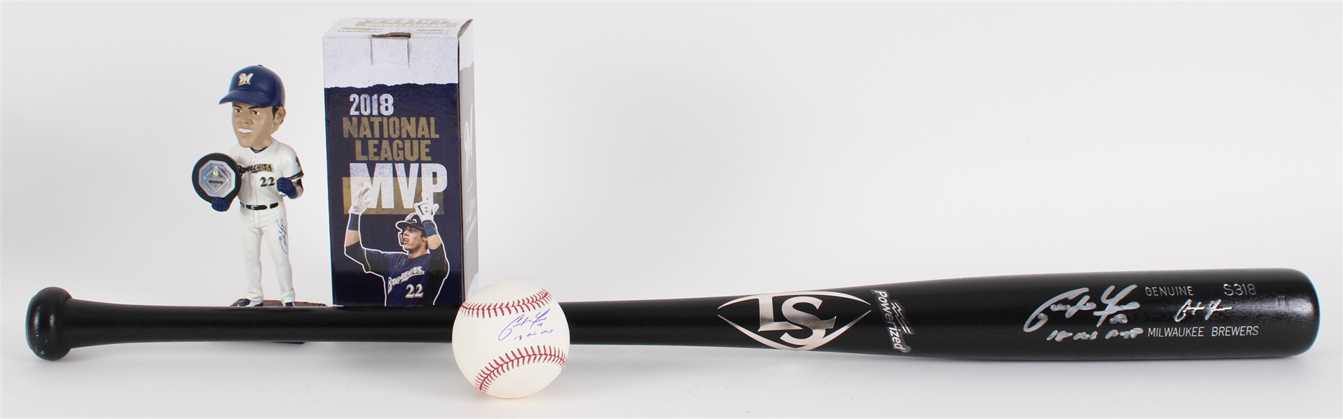2018 Christian Yelich Milwaukee Brewers NL MVP Memorabilia Collection - Lot of 3 w/ Signed Louisville Slugger, Signed OML Manfred Baseball & Signed MIB Bobblehead (JSA)