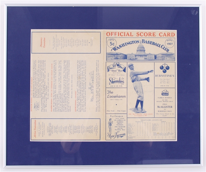 1907 Walter Johnson Washington Nationals Signed 16" x 19" Framed Score Card (JSA) Rookie Season