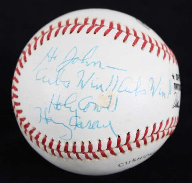 1989-90 Harry Caray Chicago Cubs Signed & Inscribed ONL White Baseball (JSA)