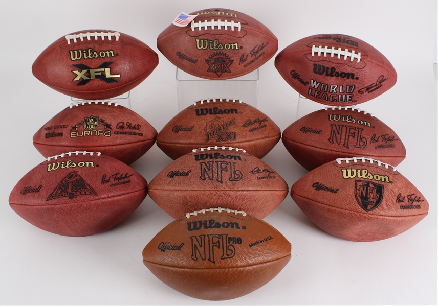 1980s-2000s Wilson Official Football Collection - Lot of 10 w/ Super Bowls, Pro Bowl, Start Up Leagues & More (MEARS LOA / Pepper Burruss Collection)