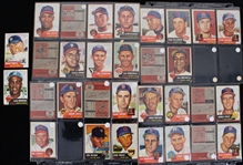 1953 Topps Baseball Trading Cards Partial Set of 142 Cards w/ #1 Jackie Robinson, #27 Roy Campanella, #82 Mickey Mantle, #104 Yogi Berra & More