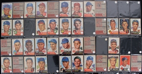 1953 Topps Baseball Trading Cards Partial Set of 142 Cards w/ #1 Jackie Robinson, #27 Roy Campanella, #82 Mickey Mantle, #104 Yogi Berra & More
