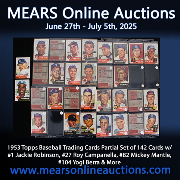 1953 Topps Baseball Trading Cards Partial Set of 142 Cards w/ #1 Jackie Robinson, #27 Roy Campanella, #82 Mickey Mantle, #104 Yogi Berra & More