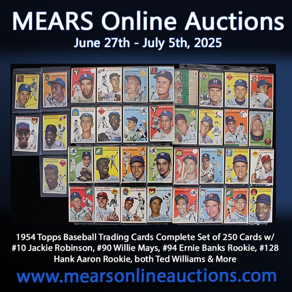 1954 Topps Baseball Trading Cards Complete Set of 250 Cards w/ #10 Jackie Robinson, #90 Willie Mays, #94 Ernie Banks Rookie, #128 Hank Aaron Rookie, both Ted Williams & More