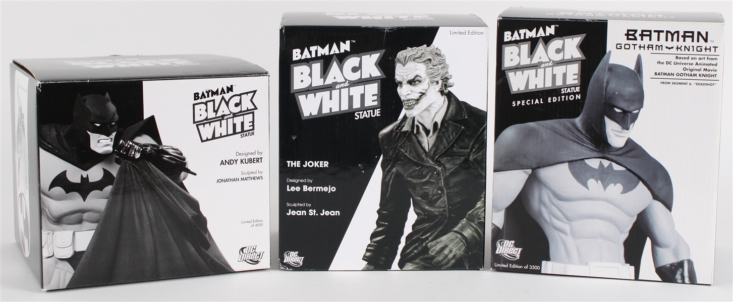 2000s-10s Batman Black & White DC Direct MIB Statues - Lot of 3 w/ Batman (x2) and The Joker