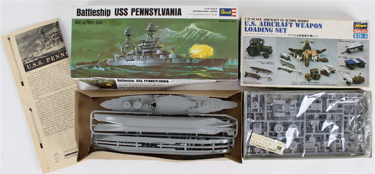 1969-82 Military MOB Scale Model Kits - Lot of 2 w/ Battleship USS Pennsylvania by Revell and US Aircraft Weapon Loading Set by Hasegawa