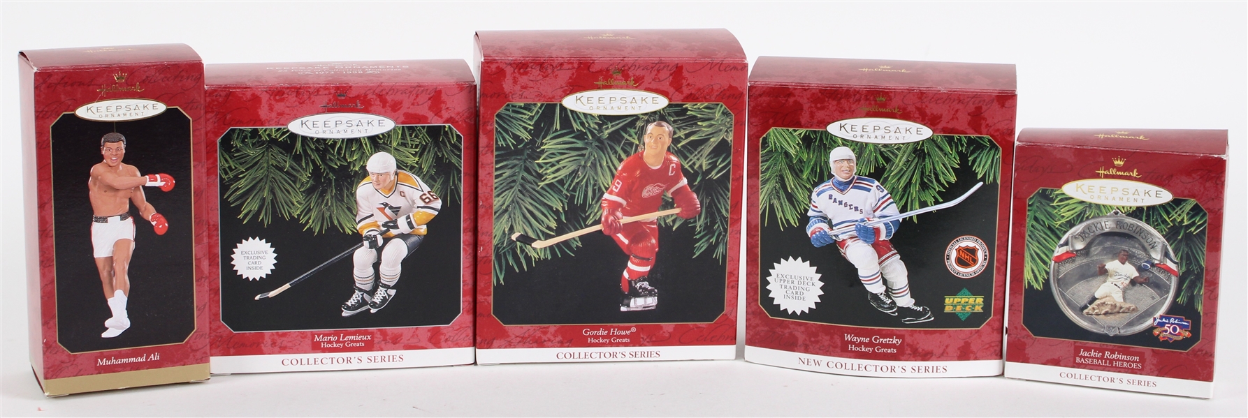 1996-98 Hockey Baseball Boxing Hallmark Keepsake Christmas Tree Ornaments w/ Original Boxes - Lot of 5 w/ Wayne Gretzky, Jackie Robinson, Muhammad Ali & More